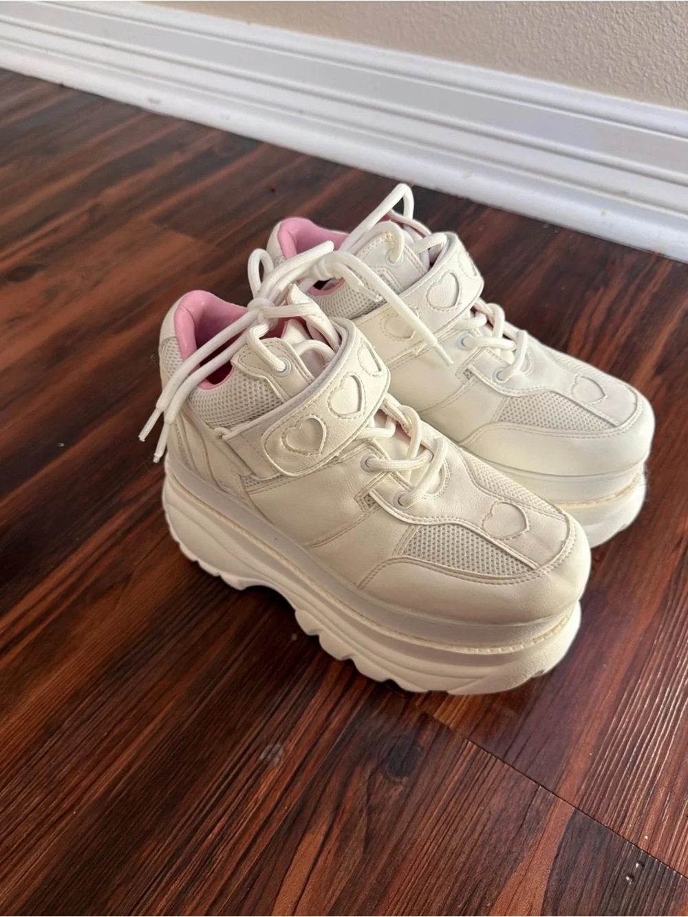 Dolls Kill Cream Platform Lace-Up Sneakers with Pink Lining